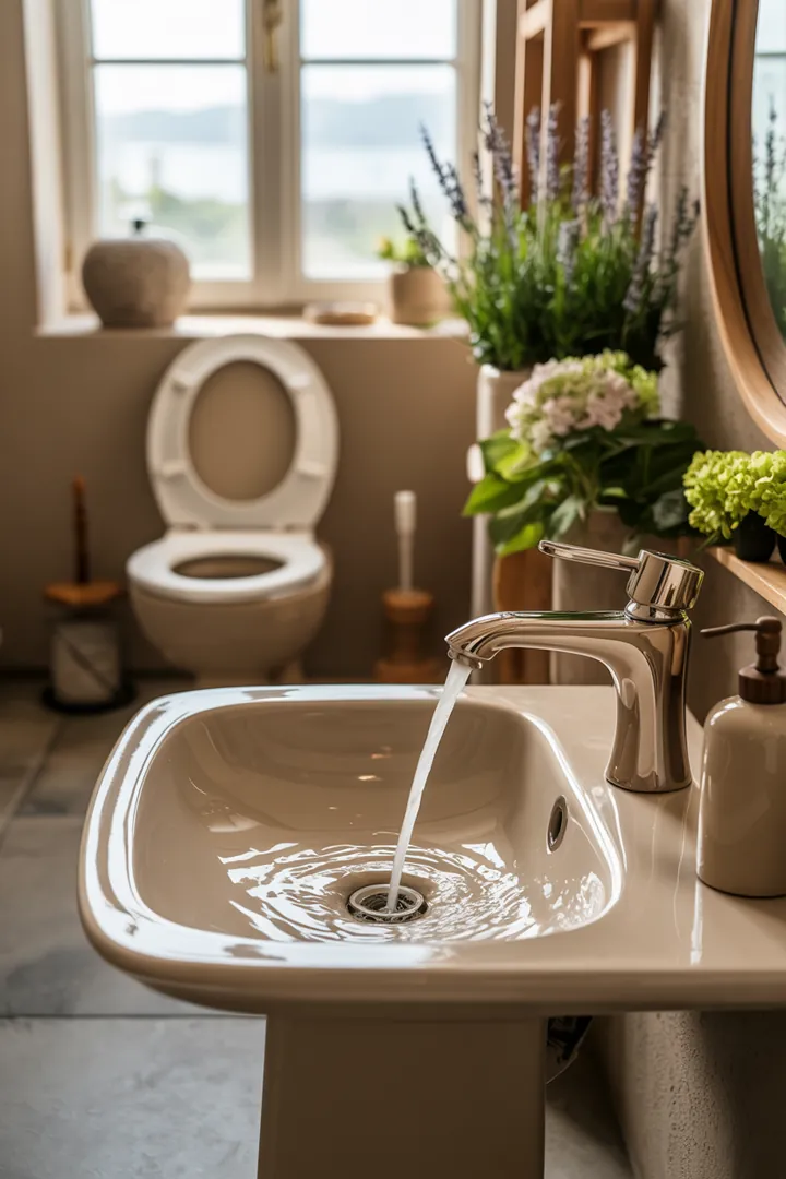 Ein stilvolles Badezimmer-Interieur mit eleganten Möbeln, sanften Farben und modernen Akzenten, ideal für kreative Gestaltungsideen.