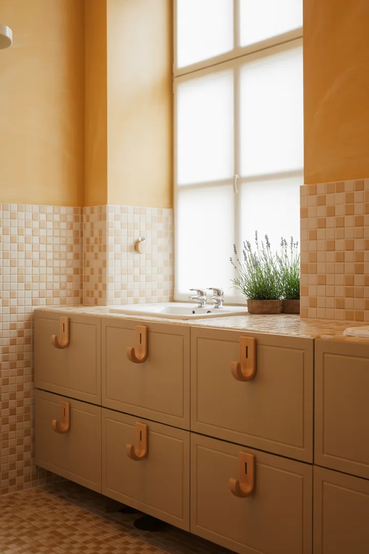 Eine stilvolle Badezimmereinrichtung mit modernen Armaturen und eleganten Fliesen, die Inspiration für die persönliche Gestaltung bietet.