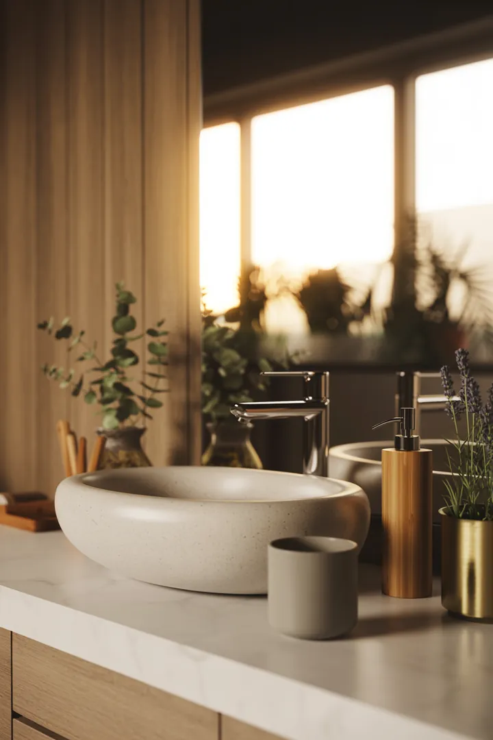 Ein stilvolles, modernes Bad mit eleganten Armaturen, sanften Farben und harmonischer Beleuchtung, ideal für die kreative Gestaltung eines einladenden Raums.
