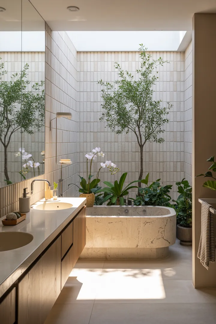 Ein stilvolles und modernes Badezimmer mit eleganten Fliesen, einem großen Spiegel und einer einladenden Badewanne, ideal zum Gestalten und Entspannen.