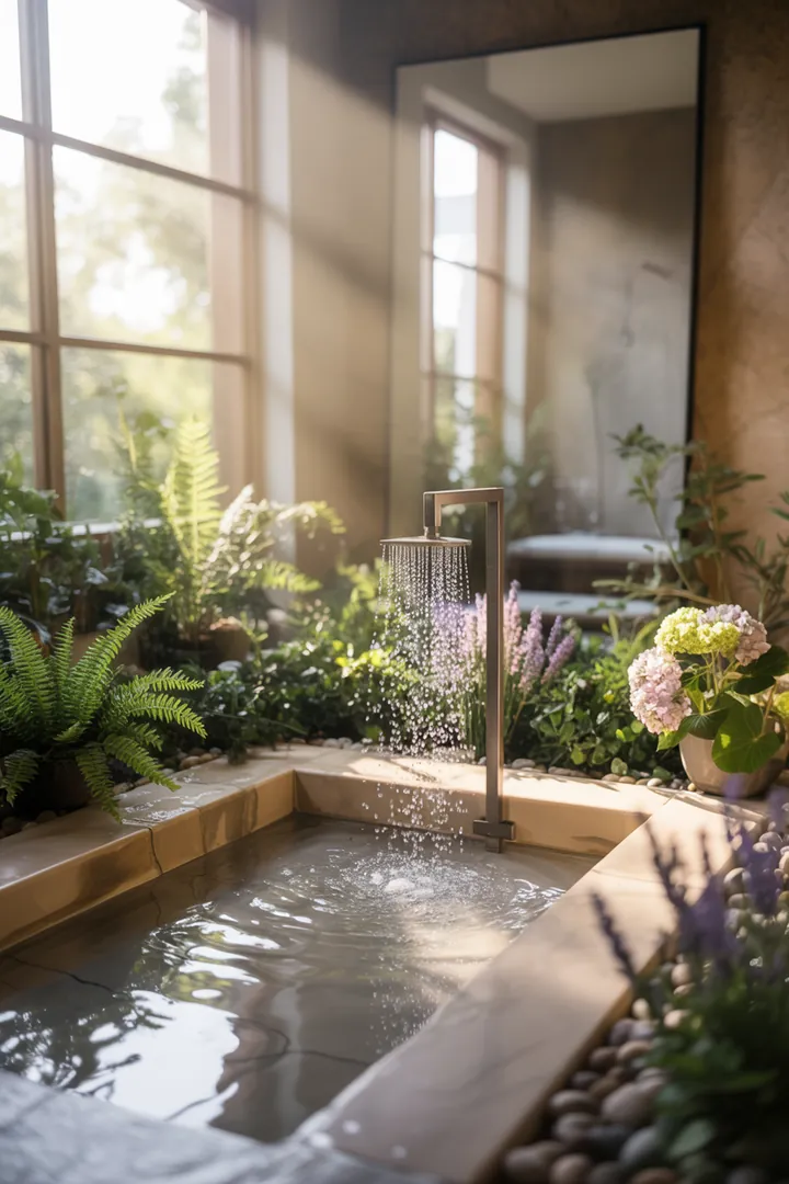 Ein modernes Badezimmer mit stilvollen Armaturen, eleganten Fliesen und einer einladenden Atmosphäre, ideal für kreative Gestaltungsideen.