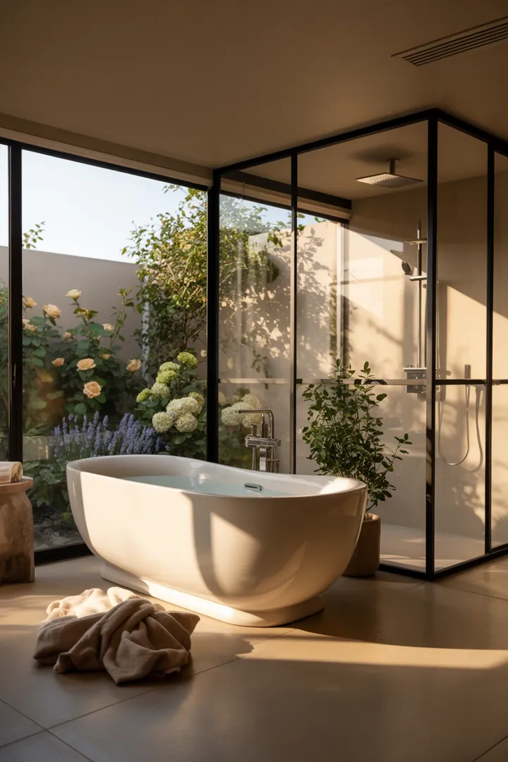 „Moderne Badezimmereinrichtung mit eleganten Fliesen, stilvollen Armaturen und harmonischen Farben, die aktuelle Badezimmer Trends widerspiegeln.“