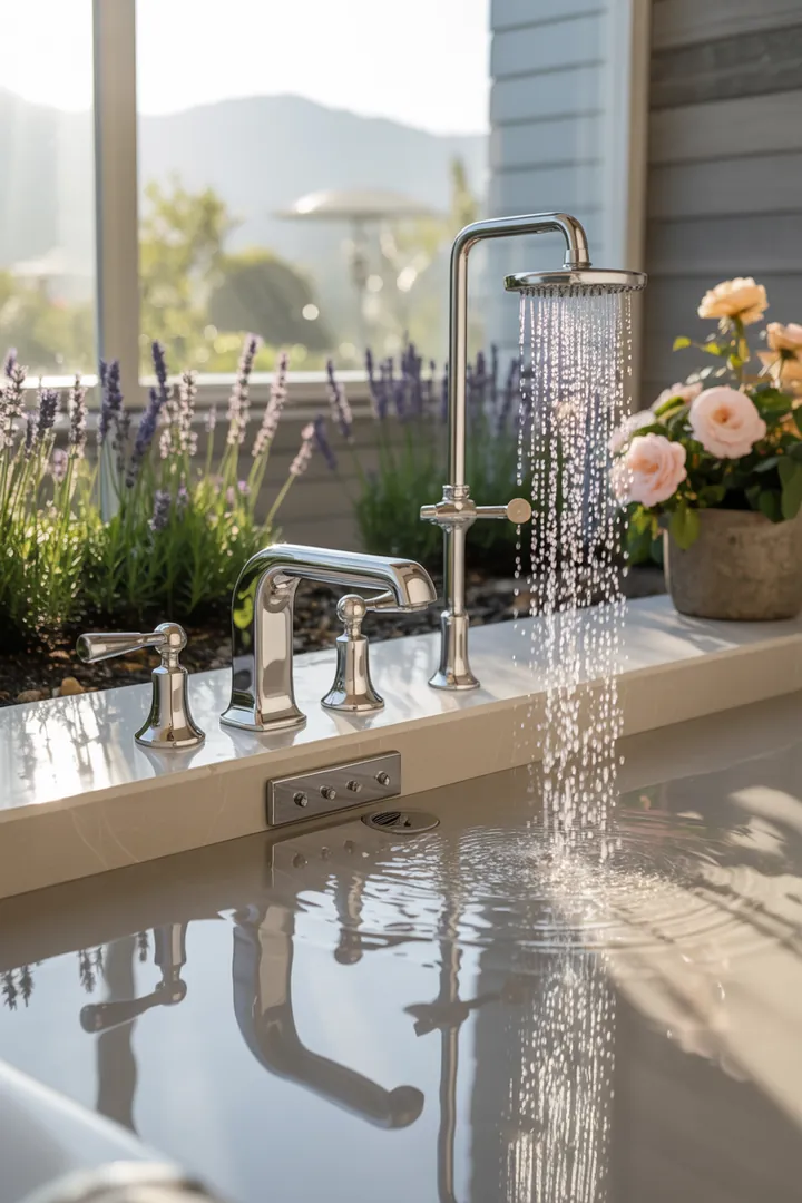 Ein modernes Badezimmer mit eleganten Fliesen, stilvollen Armaturen und einer beruhigenden Farbpalette, inspiriert von aktuellen Badezimmer Trends.