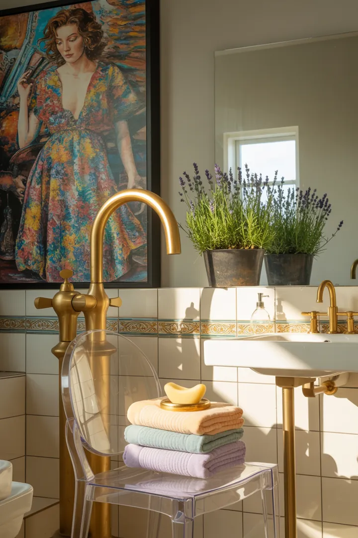 Ein stilvolles Badezimmer mit eleganten Armaturen, modernen Fliesen und geschmackvollen Accessoires, das eine harmonische Atmosphäre für Entspannung und Erfrischung schafft. Ideal für die Badezimmerausstattung.