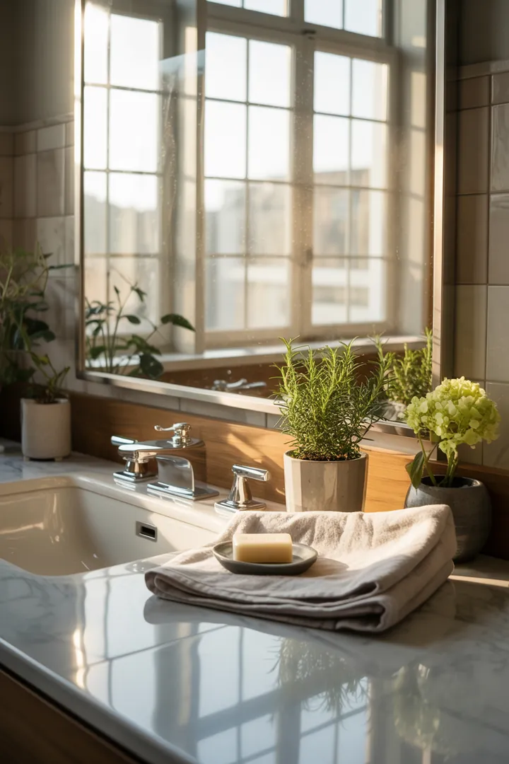Ein stilvolles Badezimmer mit eleganten Armaturen, modernen Fliesen und beruhigenden Farben, das eine entspannende Atmosphäre für die tägliche Pflege schafft.