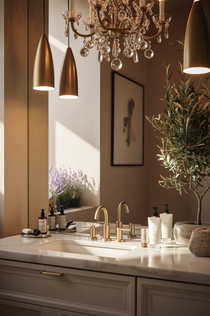 Ein stilvoll eingerichteter Raum mit eleganten Sanitäranlagen und dekorativen Elementen, die eine entspannende Atmosphäre schaffen. Ideal für moderne Badezimmerausstattung.