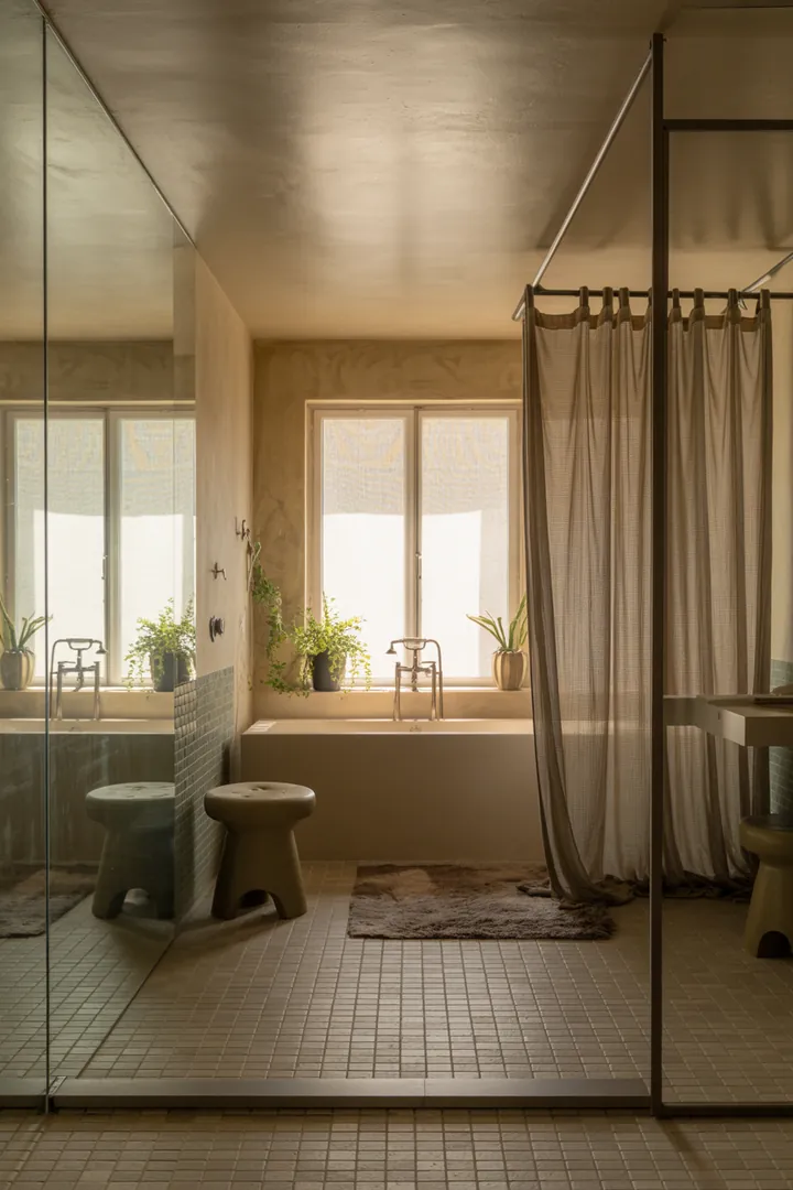 Ein modernes Badezimmer mit stilvollen Armaturen, eleganten Fliesen und durchdachter Raumgestaltung, die eine entspannende Atmosphäre schafft. Badezimmerausstattung in harmonischen Farben.