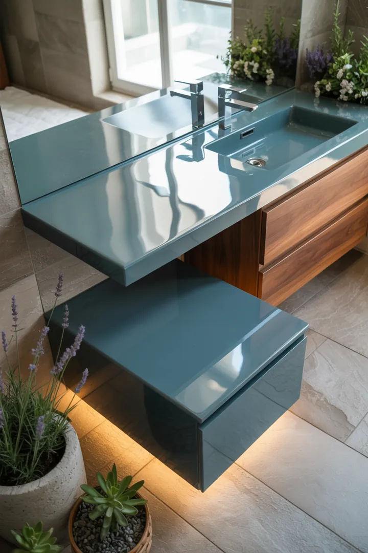 Ein stilvolles Badezimmer mit eleganten Armaturen, modernen Fliesen und harmonischer Farbgestaltung, das eine einladende Atmosphäre schafft. Ideal für die perfekte Badezimmerausstattung.