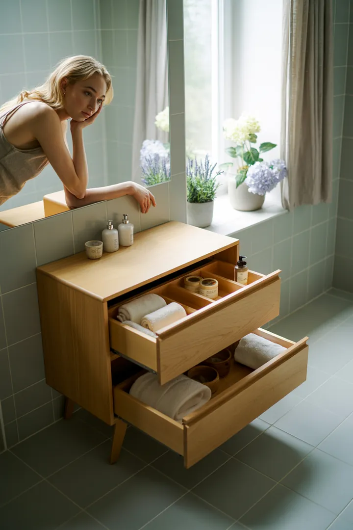 Ein elegantes Möbelstück für das Badezimmer, das stilvollen Stauraum bietet und perfekt für die Aufbewahrung von Pflegeprodukten ist. Ideal für eine moderne Einrichtung.