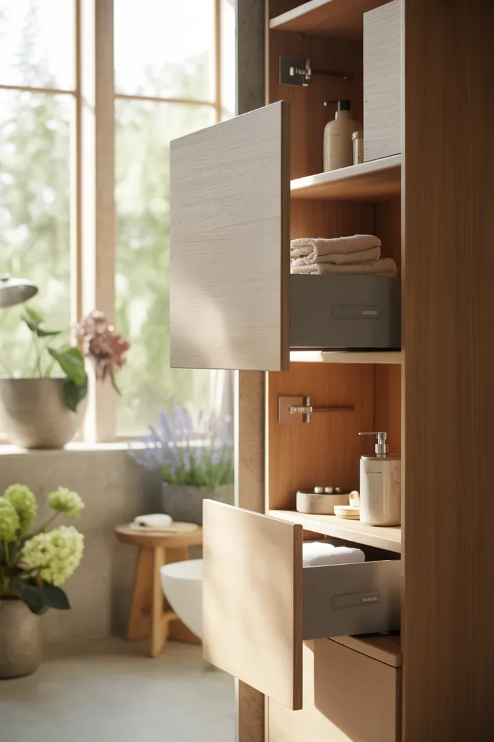 Ein elegantes Möbelstück mit viel Stauraum, ideal für das Badezimmer, um Handtücher und Pflegeprodukte stilvoll zu organisieren. Perfect für jeden Badschrank.