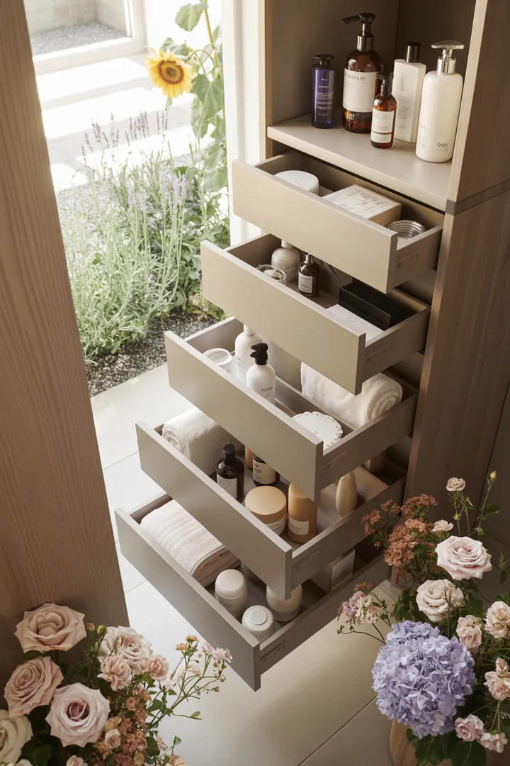 Ein eleganter Aufbewahrungsschrank für das Badezimmer, der stilvolle Lösungen für Handtücher und Pflegeprodukte bietet und Ordnung schafft. Ideal für moderne Wohnräume.