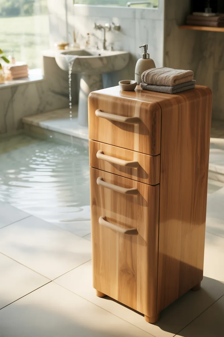 Ein stilvoller Aufbewahrungsschrank für das Badezimmer, der Funktionalität und Eleganz vereint, ideal für die Organisation von Pflegeprodukten.