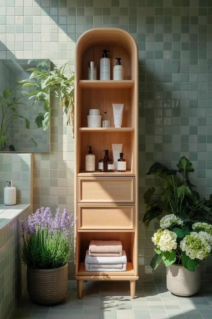 Ein stilvoller Aufbewahrungsschrank für das Badezimmer, der Funktionalität und modernes Design vereint, perfekt für Ordnung und Dekoration. Ideal für jeden Raum.