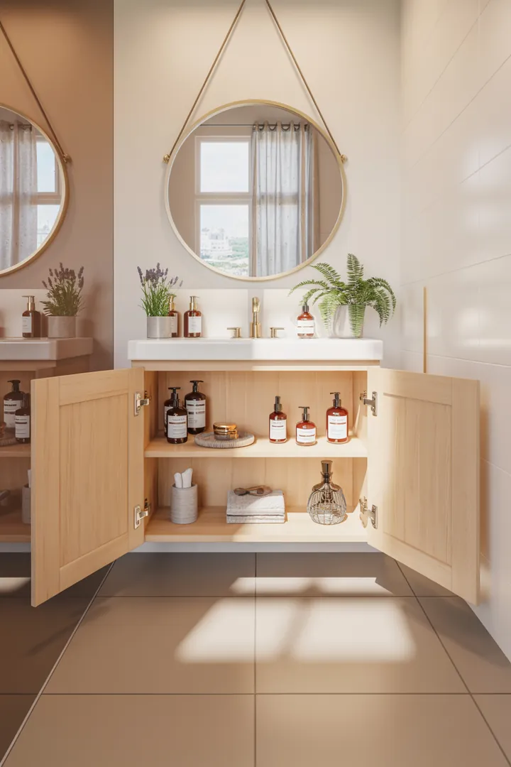 Ein elegantes Möbelstück für das Badezimmer, das stilvollen Stauraum bietet und perfekt organisiert ist. Ideal für moderne Inneneinrichtungen.