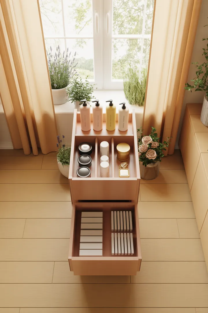 Ein stilvoller Möbelstück mit Stauraum, ideal für das Badezimmer, kombiniert Funktionalität und Ästhetik in einem modernen Design. Perfekt für die Aufbewahrung von Handtüchern und Pflegeprodukten.