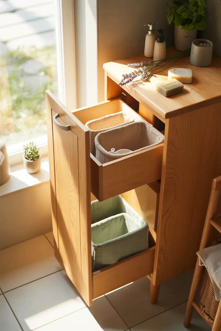 Ein stilvoller Schrank für das Badezimmer, der sowohl Funktionalität als auch modernes Design vereint, ideal zur Aufbewahrung von Handtüchern und Pflegeprodukten.