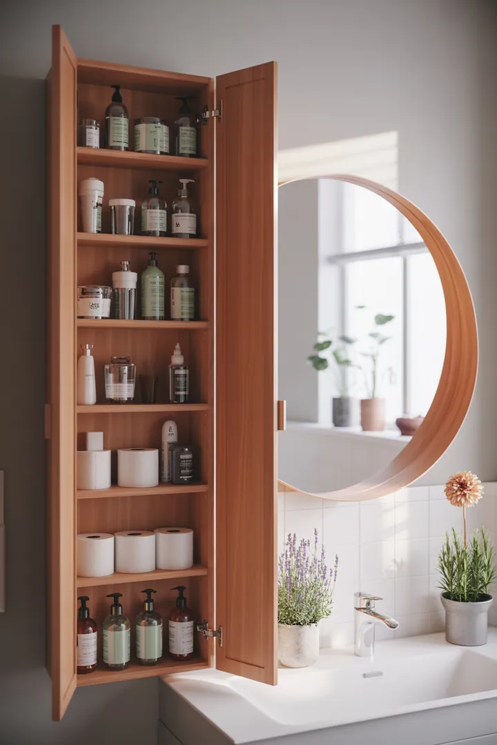 Ein stilvoller Aufbewahrungsschrank für Badezimmer, der sowohl Funktionalität als auch elegantes Design vereint, ideal für die Organisation von Handtüchern und Pflegeprodukten.