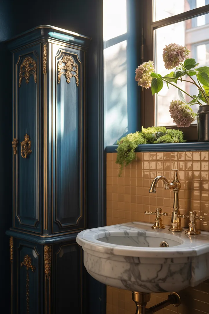 Ein eleganter, moderner Aufbewahrungsschrank für Badezimmer, der stilvolle Fächer und eine ansprechende Oberfläche bietet, ideal für eine ordentliche Raumgestaltung.