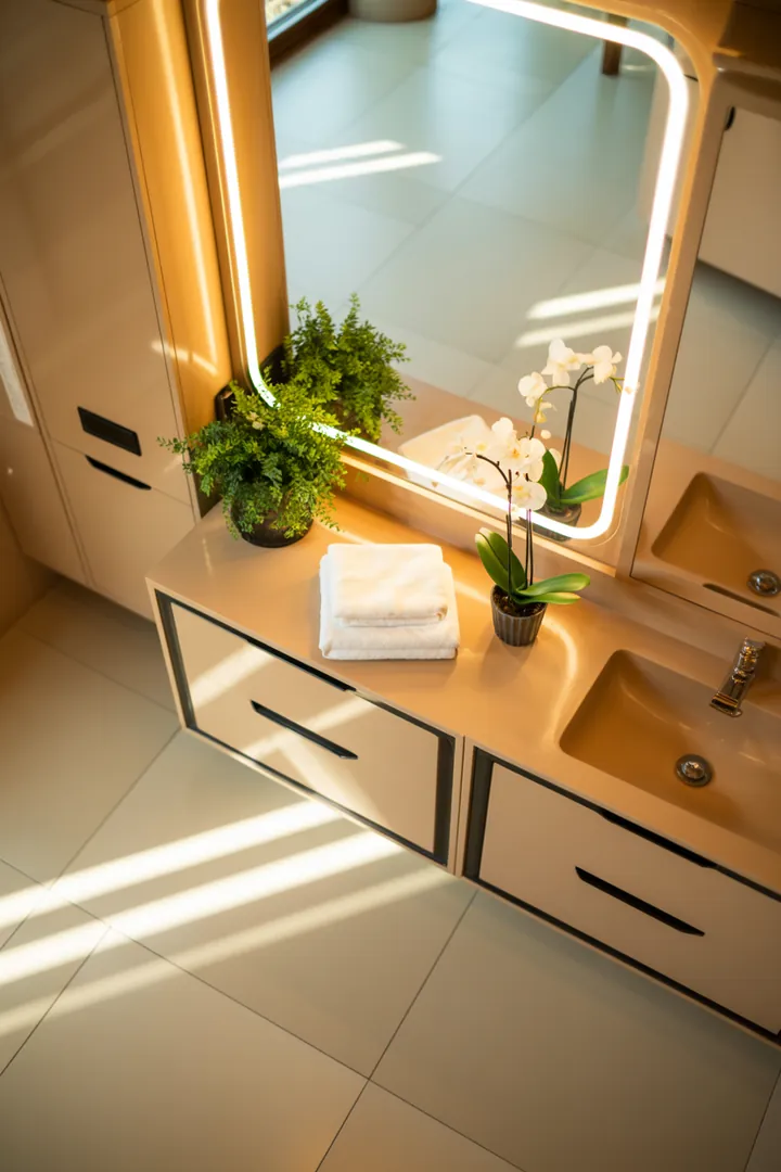 Ein stilvolles, funktionales Raumkonzept für eine kompakte sanitäre Einrichtung, das clevere Lösungen für begrenzte Flächen bietet. Ideal für modernes Wohnen.