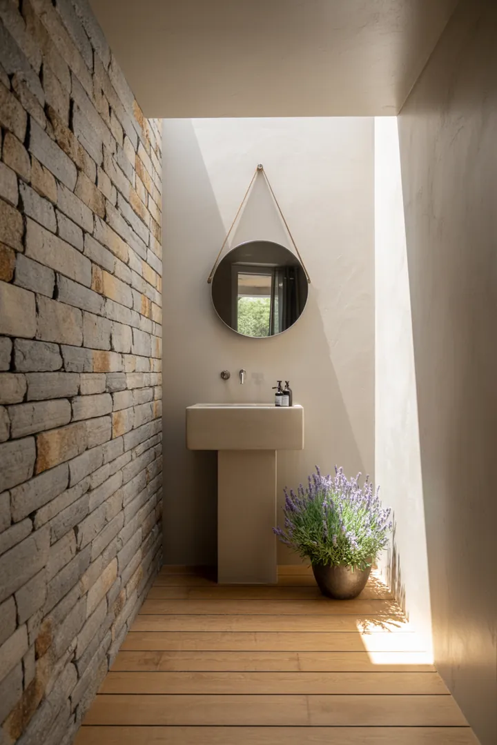 Modernes, funktionales Badezimmer mit cleveren Möbeln und natürlichen Farbtönen, das optimalen Raum nutzt und Inspiration für kleine Raumgestaltungen bietet.