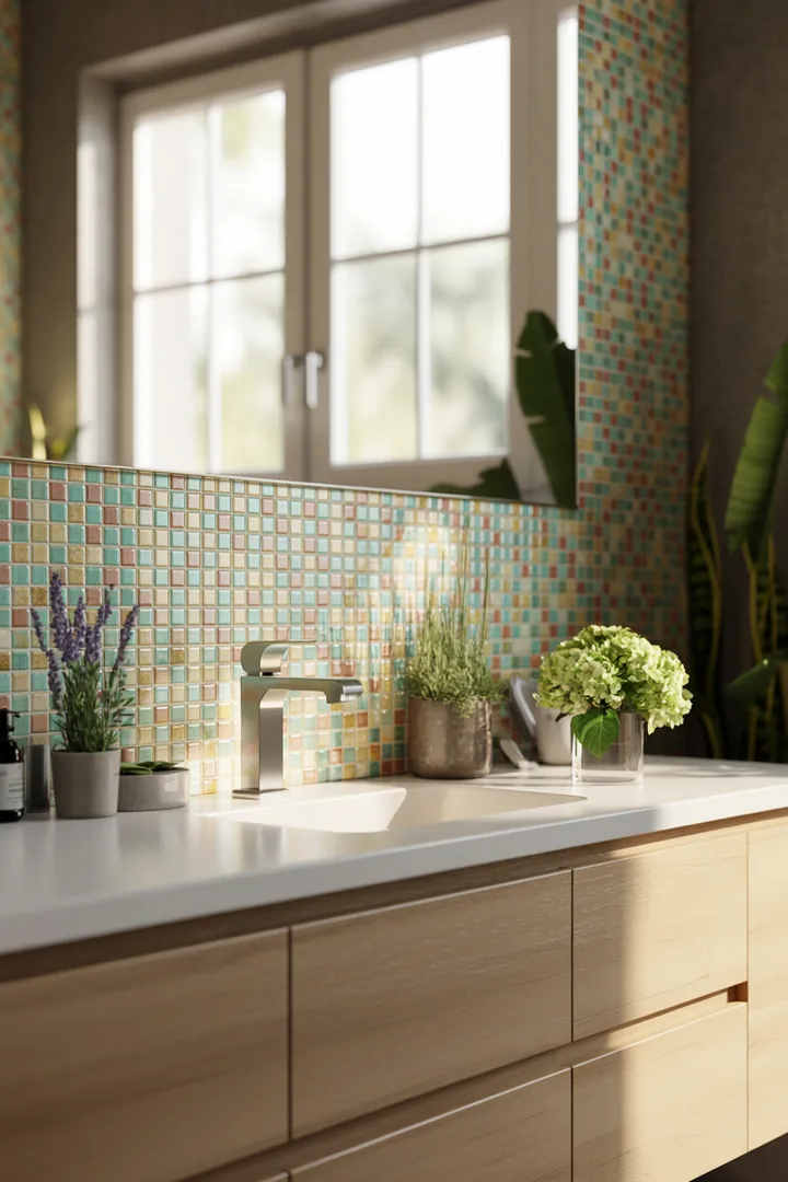 Kreative Gestaltungsmöglichkeiten für kompakte Sanitäranlagen, die Helligkeit und Raumgefühl fördern, mit inspirierenden Farbtönen und funktionalen Möbeln.