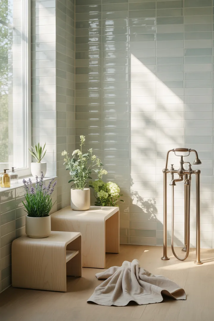 Stimmungsvolles Design eines kompakten Raumkonzepts mit cleveren Möbeln und heller Farbgestaltung, um ein kleines Badezimmer einladend und geräumig wirken zu lassen.