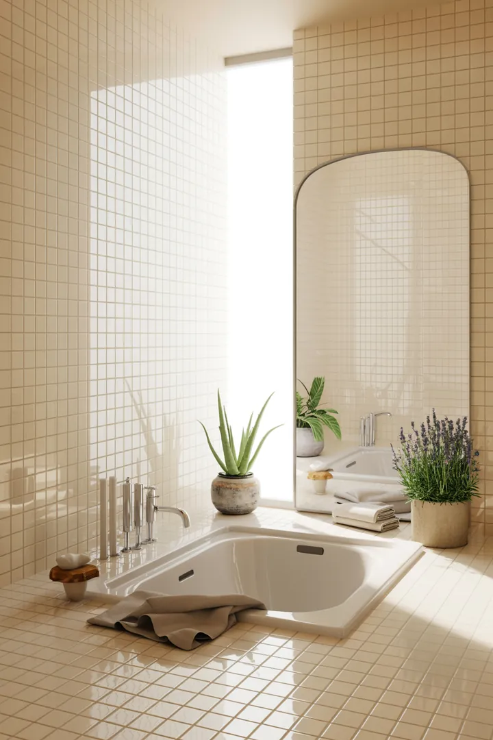 Kreatives Designkonzept für eine kompakte Sanitäranlage mit funktionalen Möbeln und harmonischen Farbtönen, um den Raum optisch zu erweitern und eine einladende Atmosphäre zu schaffen.