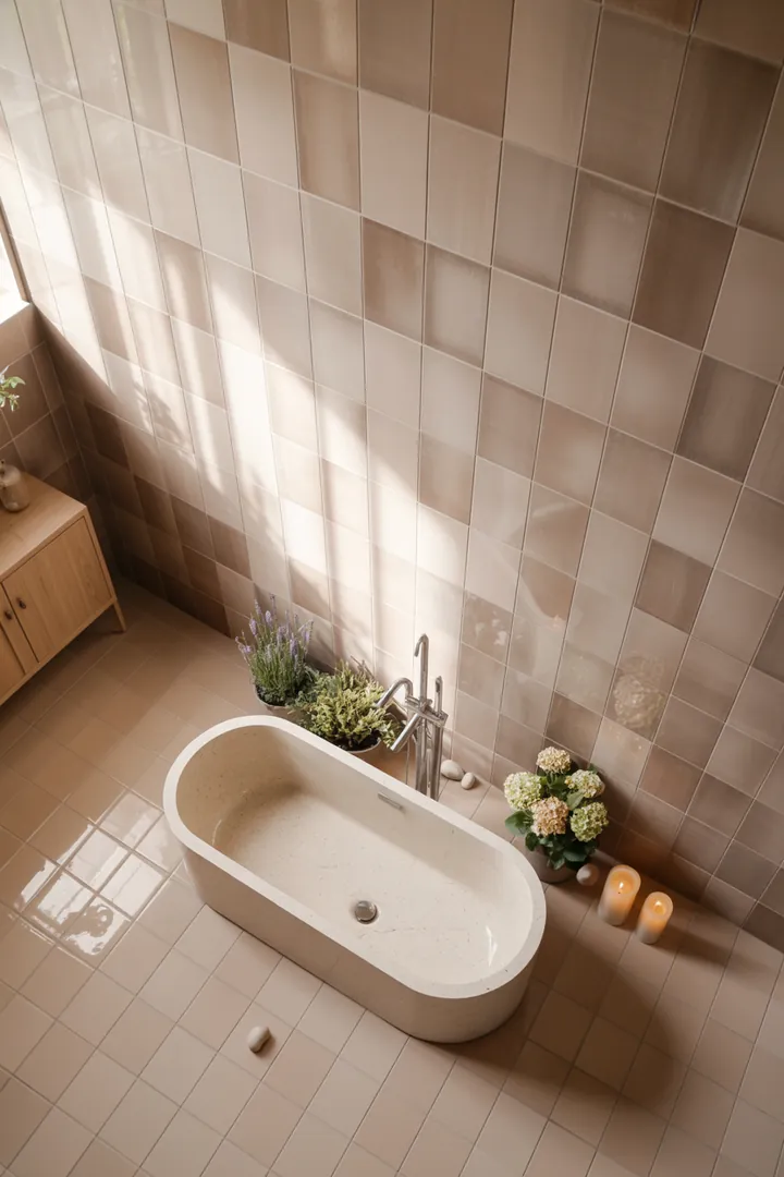 Helles, stilvolles Raumkonzept für begrenzte Sanitärbereiche, das mit cleveren Möbeln und neutralen Farbtönen einladende Atmosphäre schafft und den Raum größer erscheinen lässt.