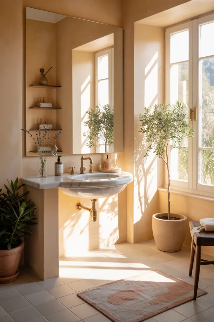 Modern gestaltetes kleines Badezimmer mit hellen Farben, cleveren Stauraumlösungen und eleganten Accessoires, die den Raum einladend und größer erscheinen lassen.