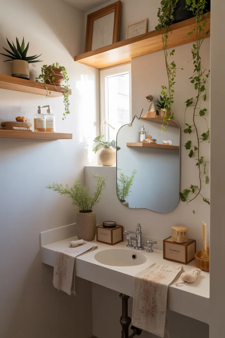 Kompakte, stilvolle Sanitärlösungen in einem modernen Raum, der cleveren Stauraum und helle Farben nutzt, um eine luftige Atmosphäre zu schaffen.