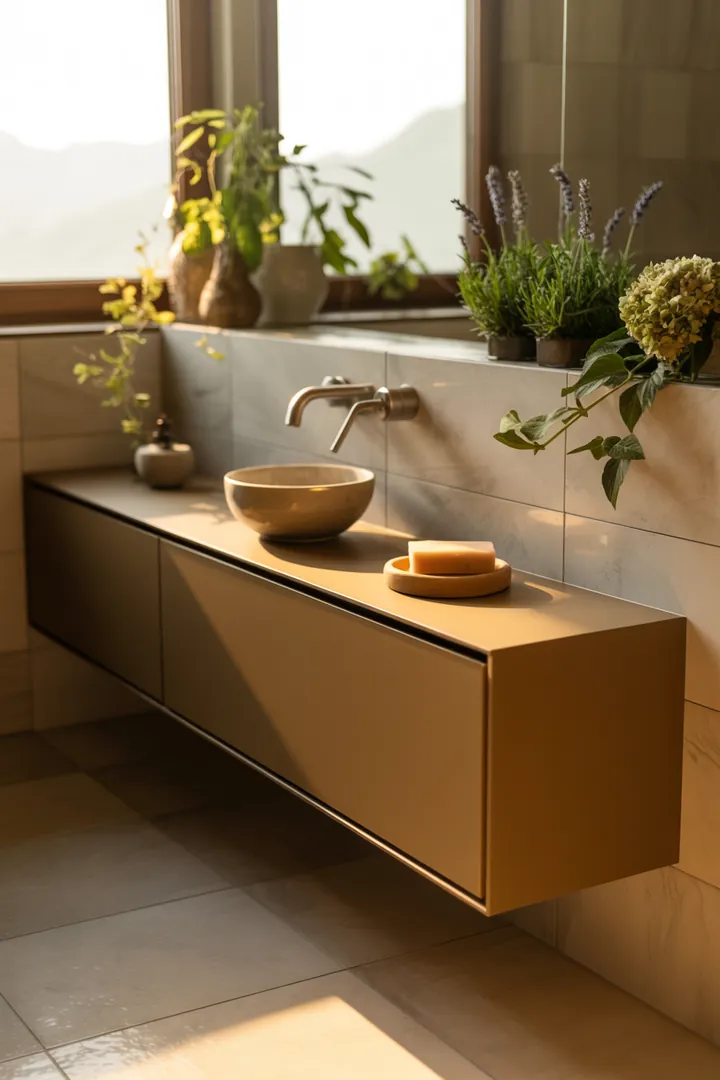 Ein stilvolles, funktionales Badezimmer mit cleveren Gestaltungselementen, die den Raum optisch erweitern und eine einladende Atmosphäre schaffen.