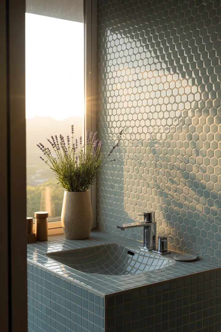 Ein stilvolles und funktionales kleines Badezimmer mit cleveren Lösungen zur Raumoptimierung, harmonischen Farben und modernen Möbeln, die den Raum einladend wirken lassen.