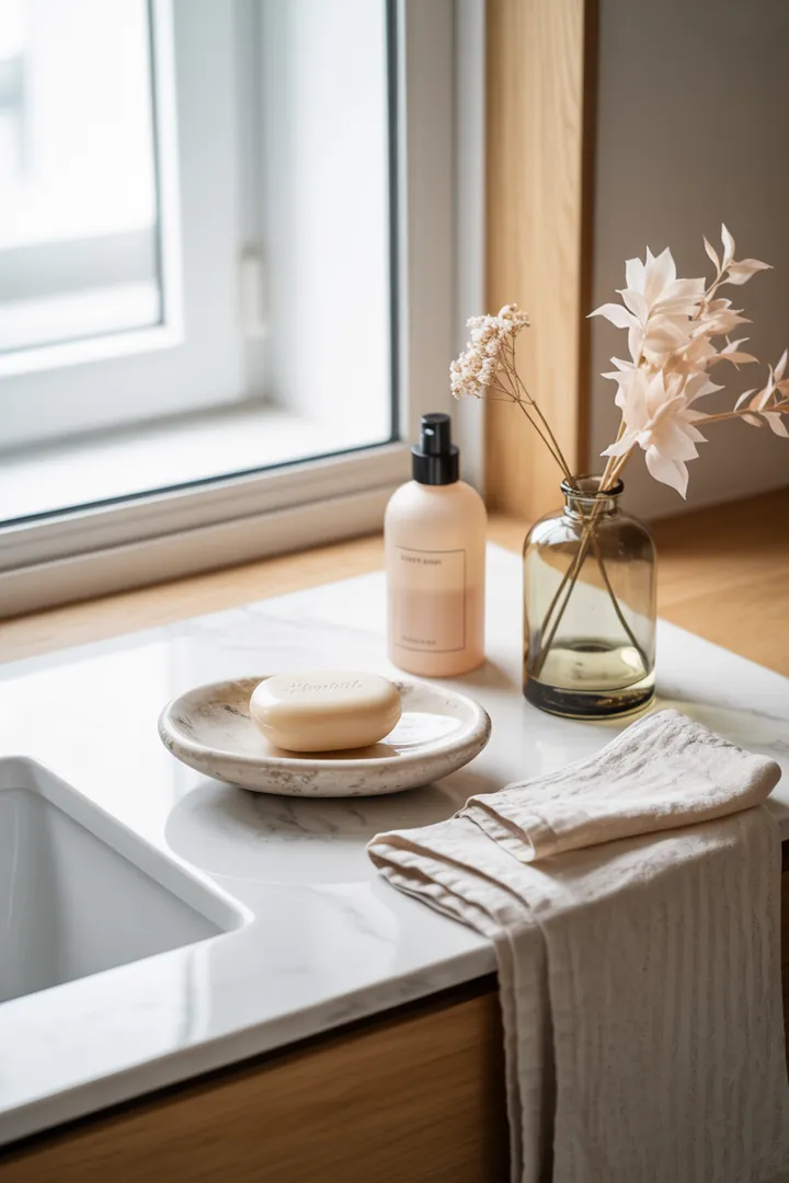 Kreative Gestaltungsideen für begrenzten Raum, um ein kompaktes Badezimmer einladend und funktional zu machen, mit natürlichen Farben und stilvollen Möbeln.