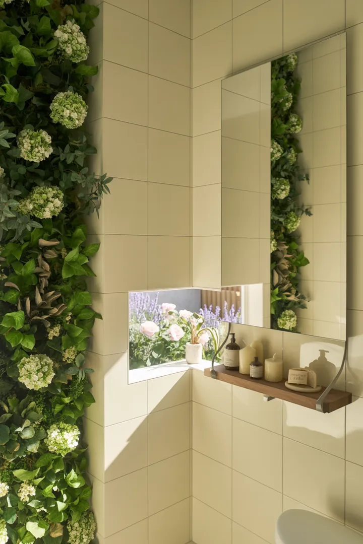 Ein stilvolles, clever gestaltetes Badezimmer mit modernen Elementen und hellem Farbschema, das den Raum optisch erweitert und funktional gestaltet.