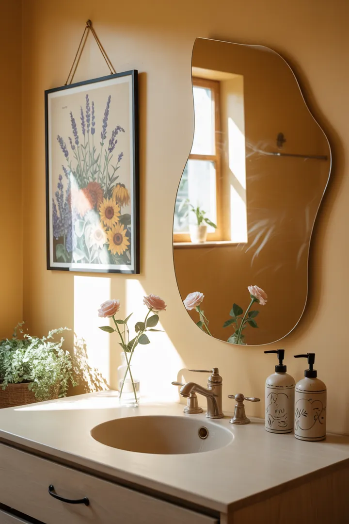 Ein stilvoll eingerichteter, kompakter Raum mit hellen Farben und cleveren Möbeln, der optimalen Platz nutzt und einladend wirkt. Ideal für kreative Ideen zur Raumgestaltung.