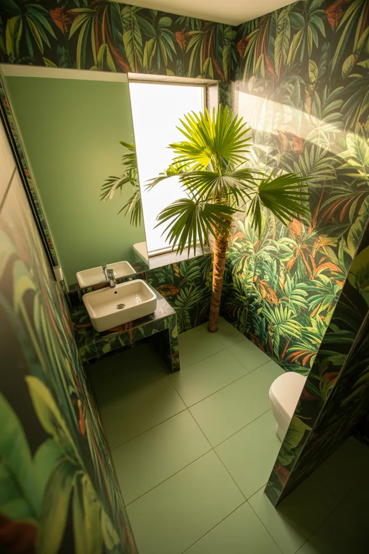 Ein stilvolles, helles Raumkonzept mit cleveren Möbeln und geschickter Farbgestaltung, das einem kompakten Sanitärbereich eine luftige und geräumige Atmosphäre verleiht.