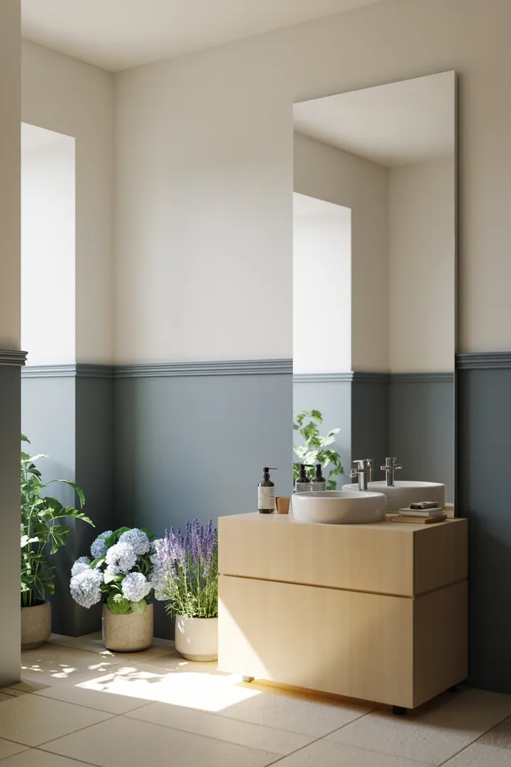 Helles und modernes Badezimmer mit cleveren Gestaltungsideen, die den Raum optisch vergrößern. Funktionale Möbel und sanfte Farben schaffen eine einladende Atmosphäre für kleine Räume.