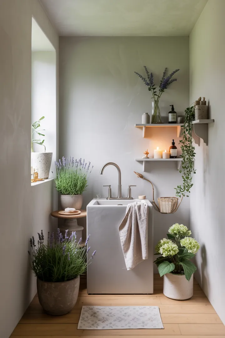 Ein modernes, gut gestaltetes Badezimmer mit hellen Farben, cleveren Stauraumlösungen und eleganten Möbeln, die den Raum größer und einladender erscheinen lassen.