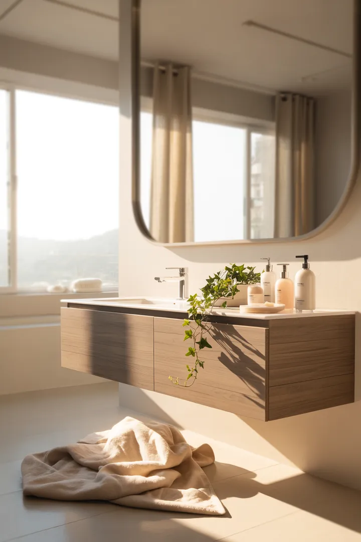 Ein stilvoll gestalteter Raum mit cleveren Lösungen, um eine begrenzte Fläche funktional und einladend zu gestalten. Helle Farben und multifunktionale Möbel schaffen ein Gefühl von Weite.