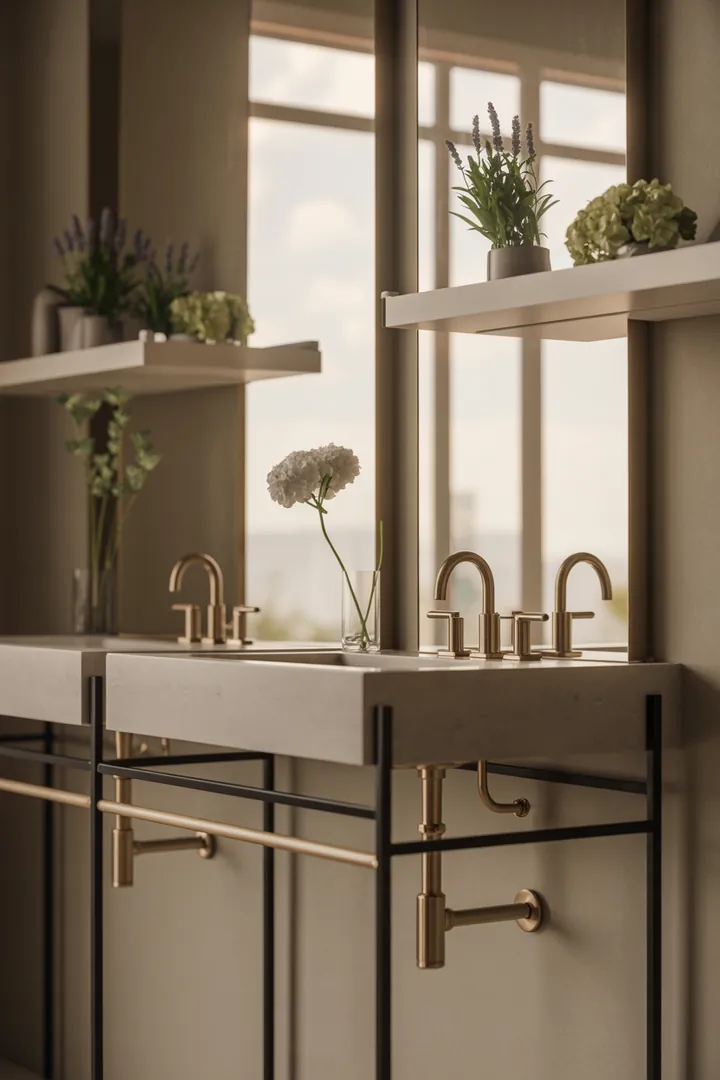 Ein stilvolles, kompaktes Badezimmer mit modernen Möbeln, hellen Farben und cleveren Stauraumlösungen, das einladend und geräumig wirkt.