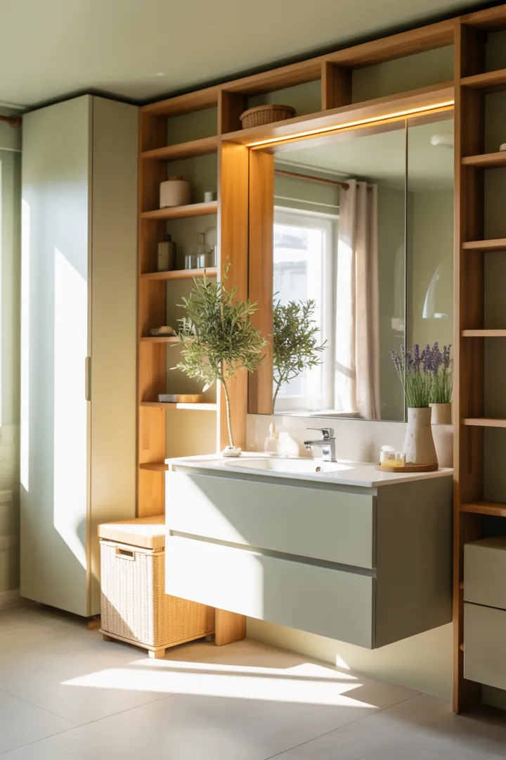 Kreative Gestaltungsideen für eine platzsparende, moderne Sanitärausstattung in einem kompakten Raum, die Helligkeit und Raumgefühl fördert.