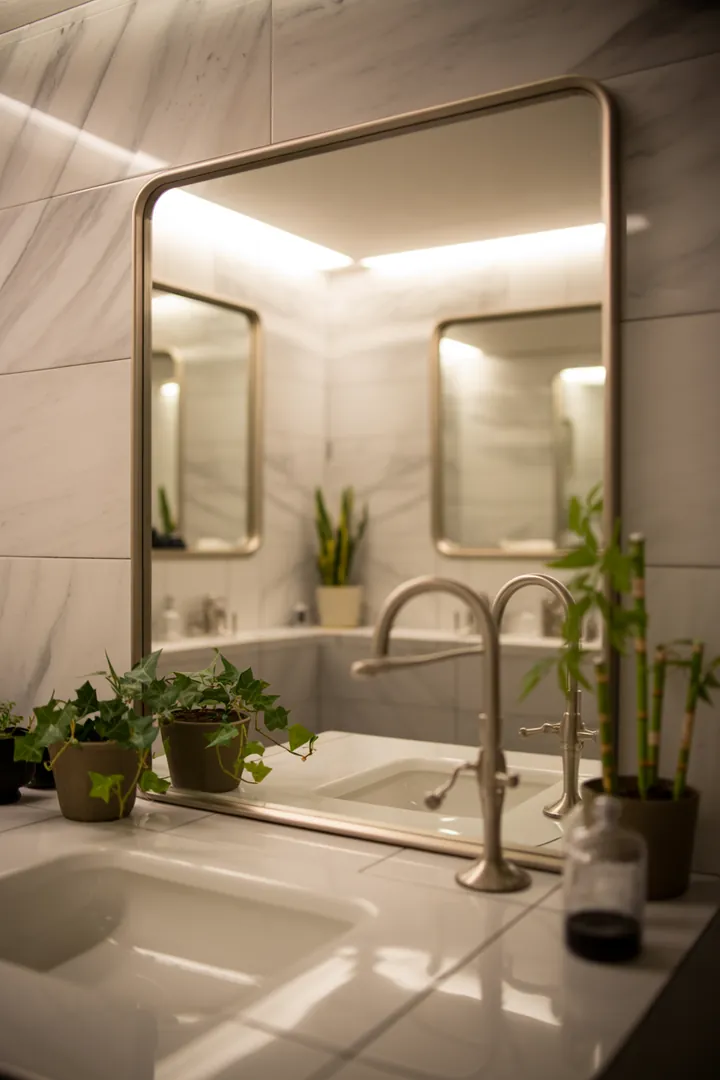 Ein stilvoll umgestalteter, heller Raum mit cleveren Aufbewahrungslösungen und modernen Akzenten, der ein kleines Badezimmer funktional und einladend erscheinen lässt.