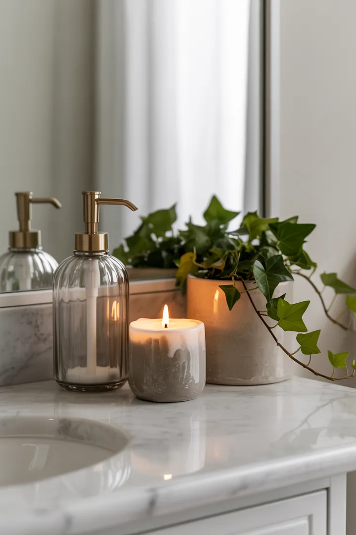 Helles und modernes Raumkonzept für eine kompakte Sanitäranlage mit cleverem Stauraum, um ein Gefühl von Weite zu erzeugen und stilvolle Dekorationselemente zu integrieren.