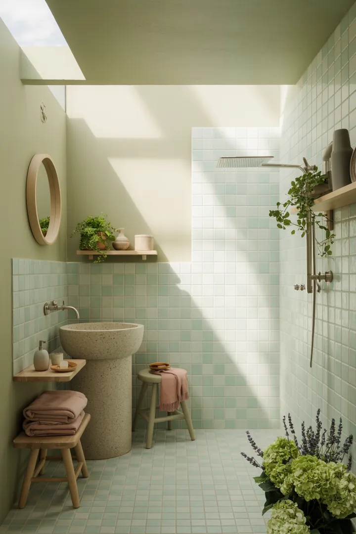 Ein stilvoll gestalteter Raum mit cleverer Nutzung von Platz, der durch helle Farbtöne und funktionale Möbel eine einladende Atmosphäre schafft. Ideal für kreative Ideen zur Umgestaltung eines kompakten Sanitärbereichs.