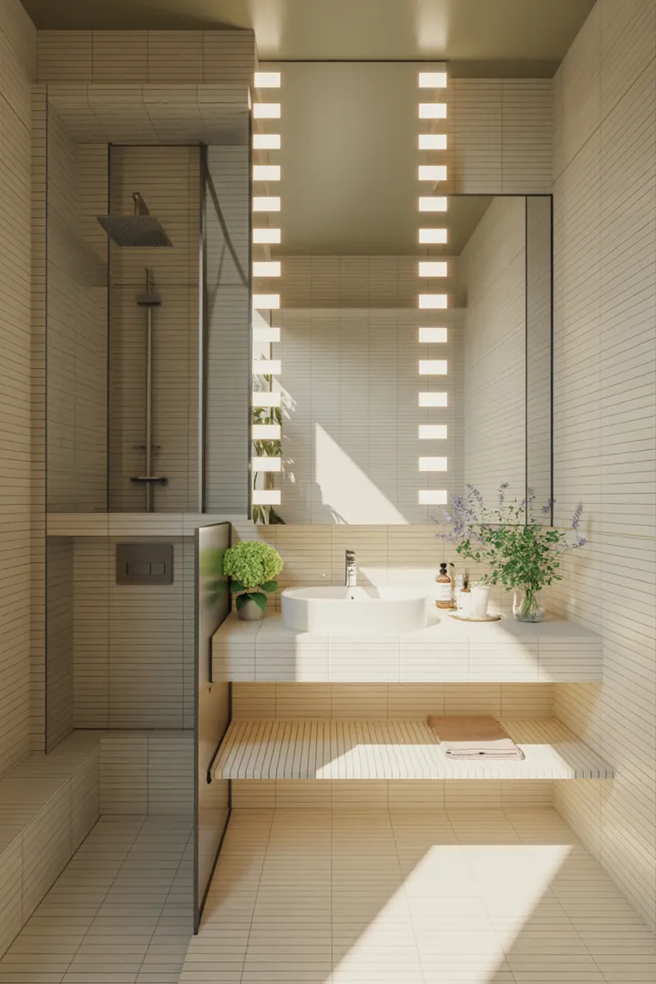 Ein stilvoll gestalteter, kompakter Raum mit cleveren Möbeln und hellen Farben, der Funktionalität und Eleganz in einer begrenzten Fläche vereint.