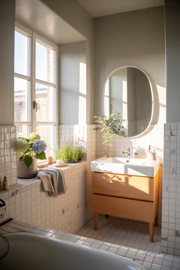 Kompakte Raumgestaltung mit cleveren Möbeln und natürlichen Farben, um ein kleines Bad funktional und einladend zu gestalten. Inspirierende Ideen für eine ansprechende Atmosphäre.