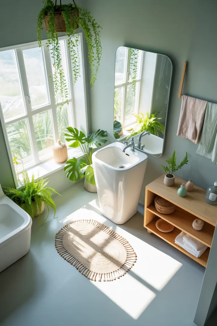 Ein stilvolles, kompakt gestaltetes Badezimmer mit cleveren Lösungen, um den Raum optimal zu nutzen und eine einladende Atmosphäre zu schaffen.