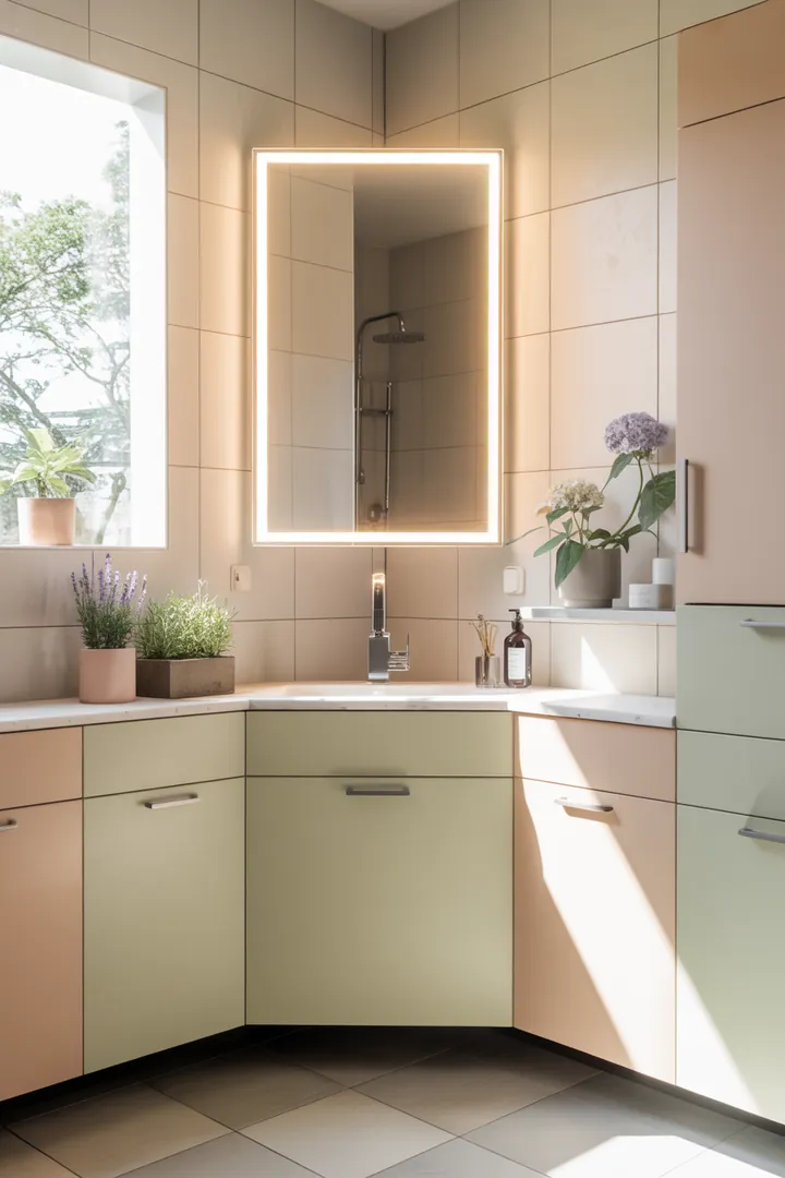 Helles, modern gestaltetes kleines Badezimmer mit cleveren Möbeln, die Raum sparen und eine luftige Atmosphäre schaffen. Inspiration für eine stilvolle Umgestaltung und Farbwahl.