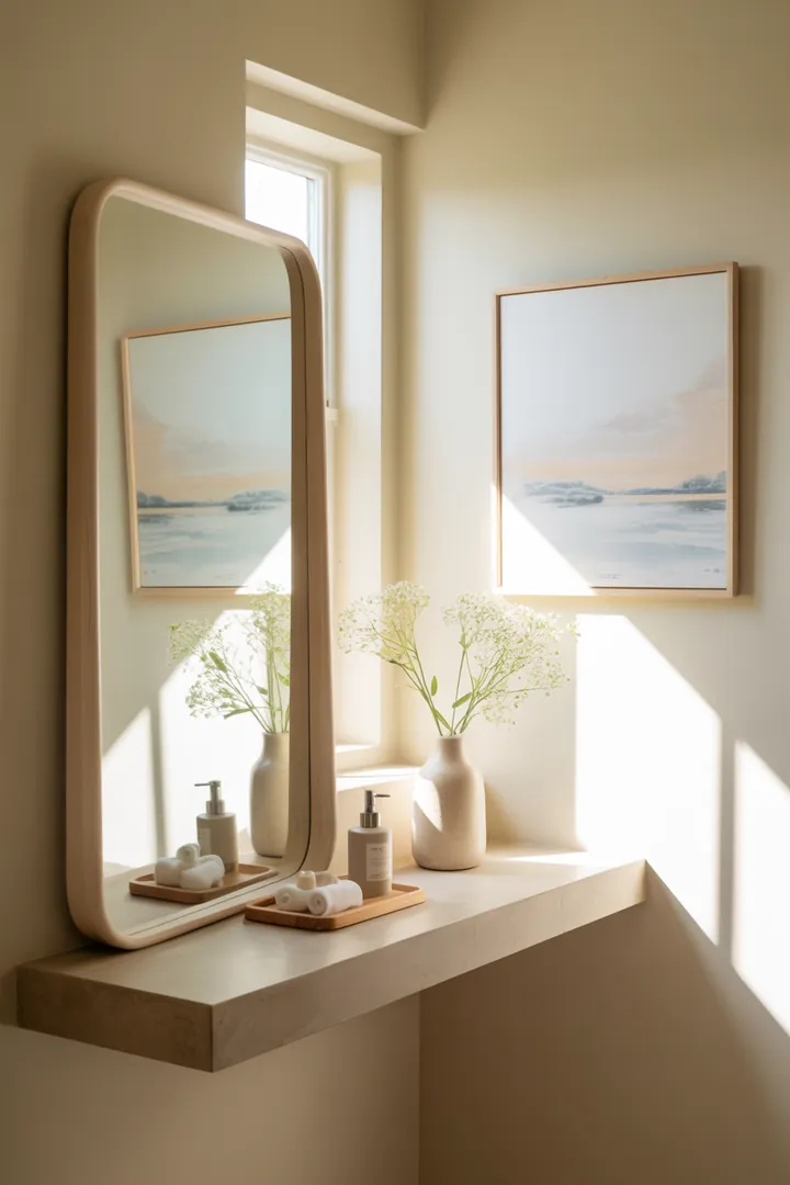 Ein stilvolles, funktionales kleines Badezimmer mit cleveren Möbeln und hellen Farben, das optisch großzügig wirkt und kreative Designideen präsentiert.