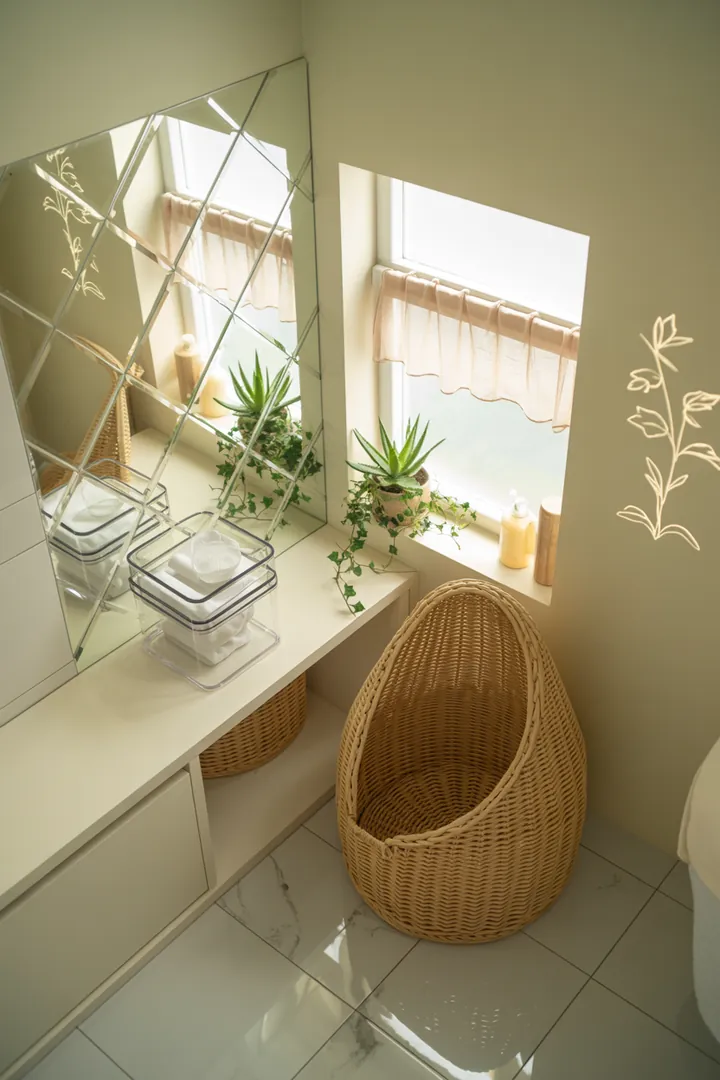 Ein stilvoll gestalteter Raum mit cleveren Möbeln und hellen Farben, der ein kompaktes Bad größer und einladender erscheinen lässt. Inspirierende Ideen für die Einrichtung eines kleinen Badezimmers.